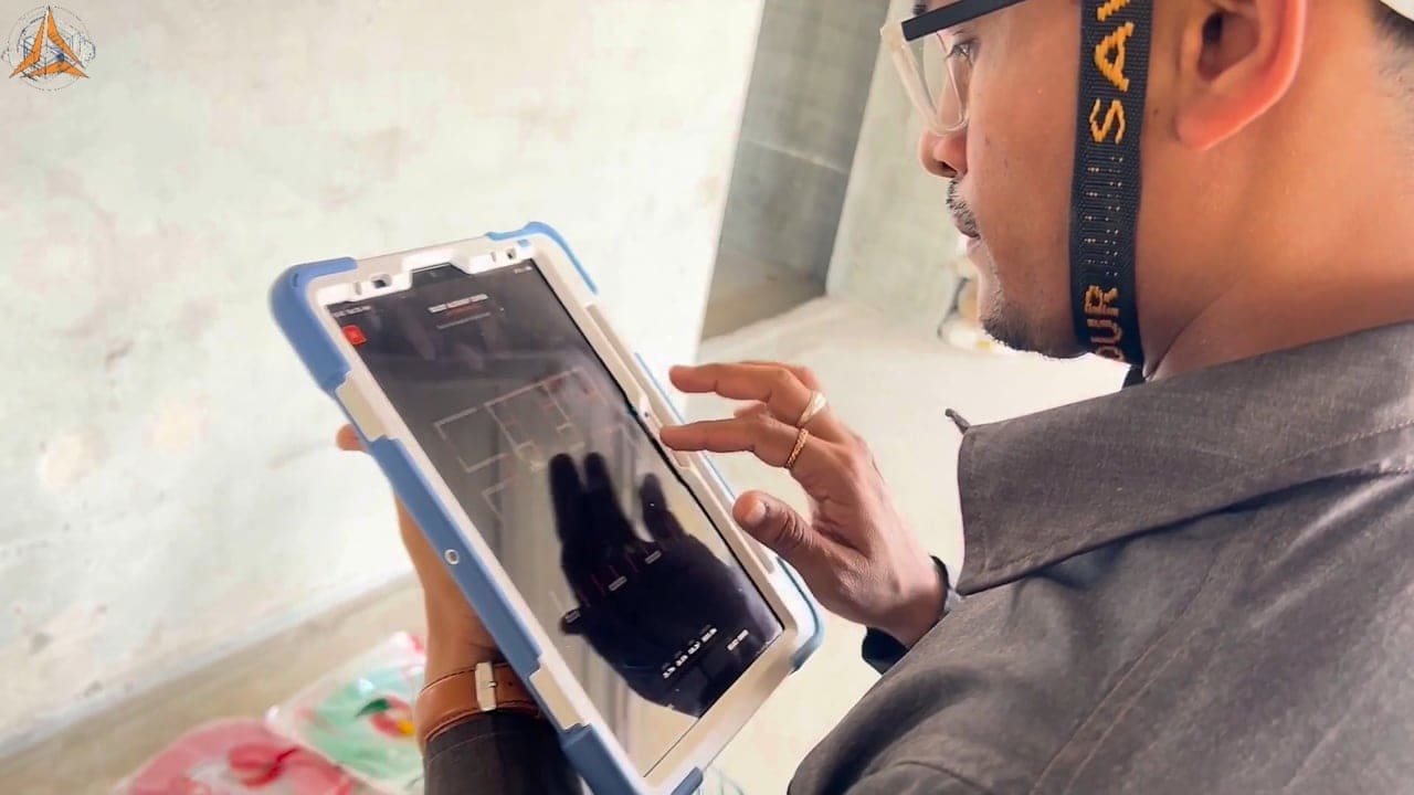 DeltaARBIM overlaying a 3D building model onto a real construction site on a phone.