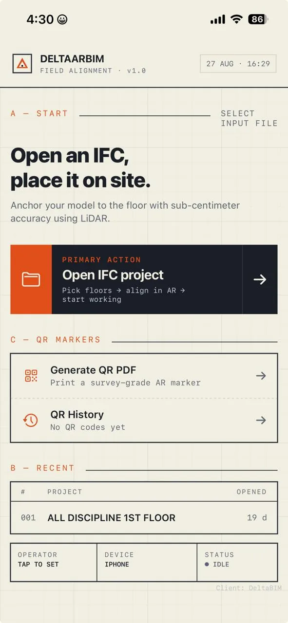 Open your model: the DeltaARBIM home screen, opening an IFC project to start the BIM to AR workflow.
