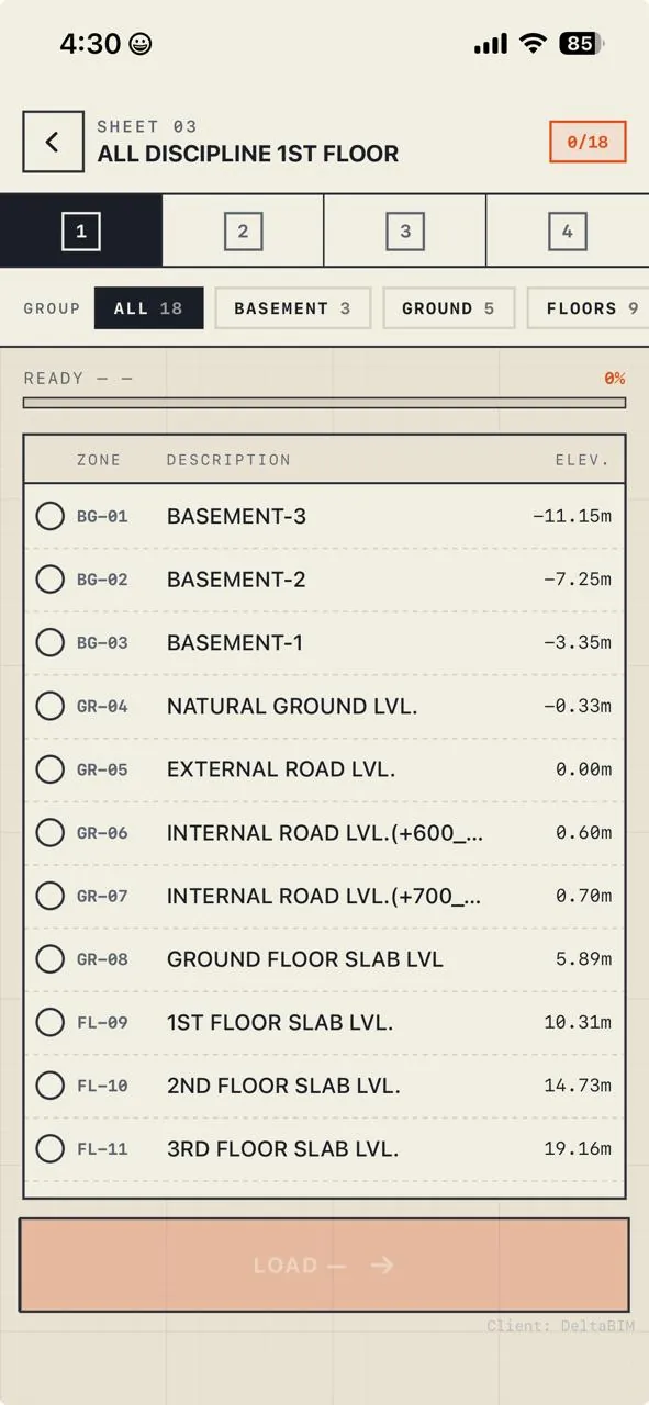 Open your model: the floor list of an IFC model, from basement levels up to the third floor slab, each with its elevation.