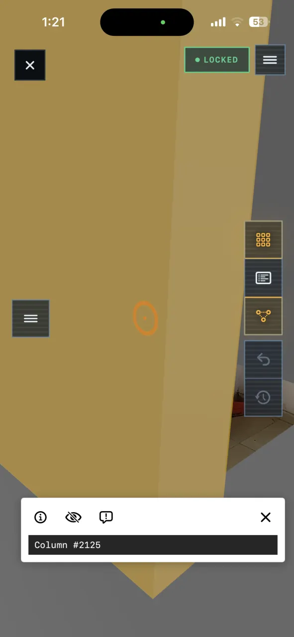 Walk and check: an element tapped open in the AR overlay, identified as column number 2125, with its information, visibility and issue controls.