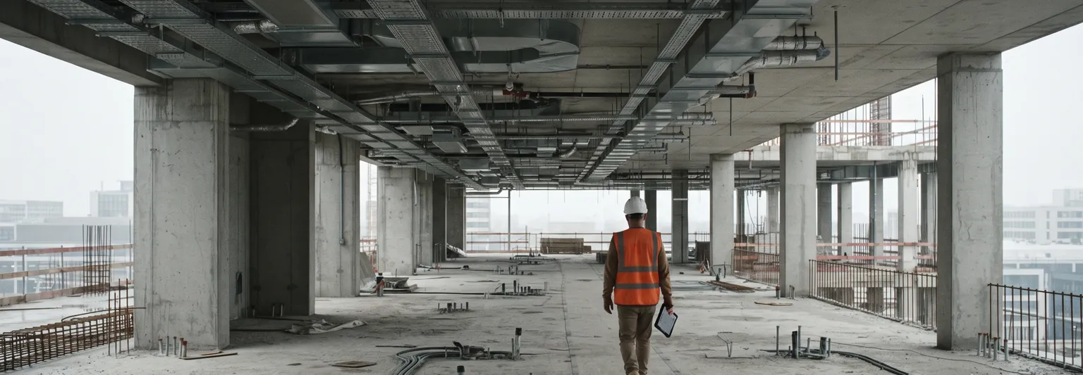 An engineer on a site walk holding a tablet showing the model