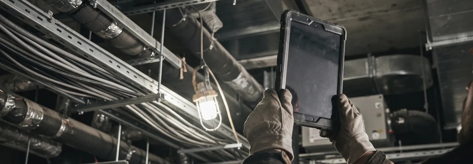 Site engineer comparing a tablet overlay against an installed services run