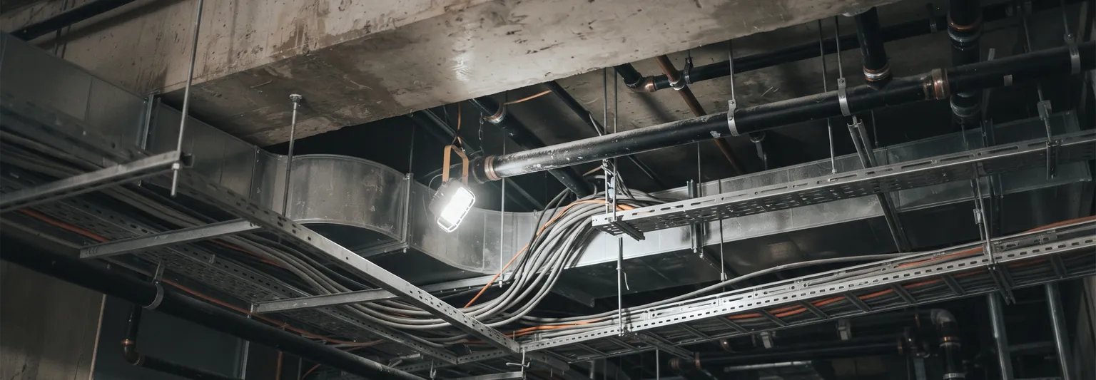A congested MEP ceiling void with ducts and containment crossing a structural beam