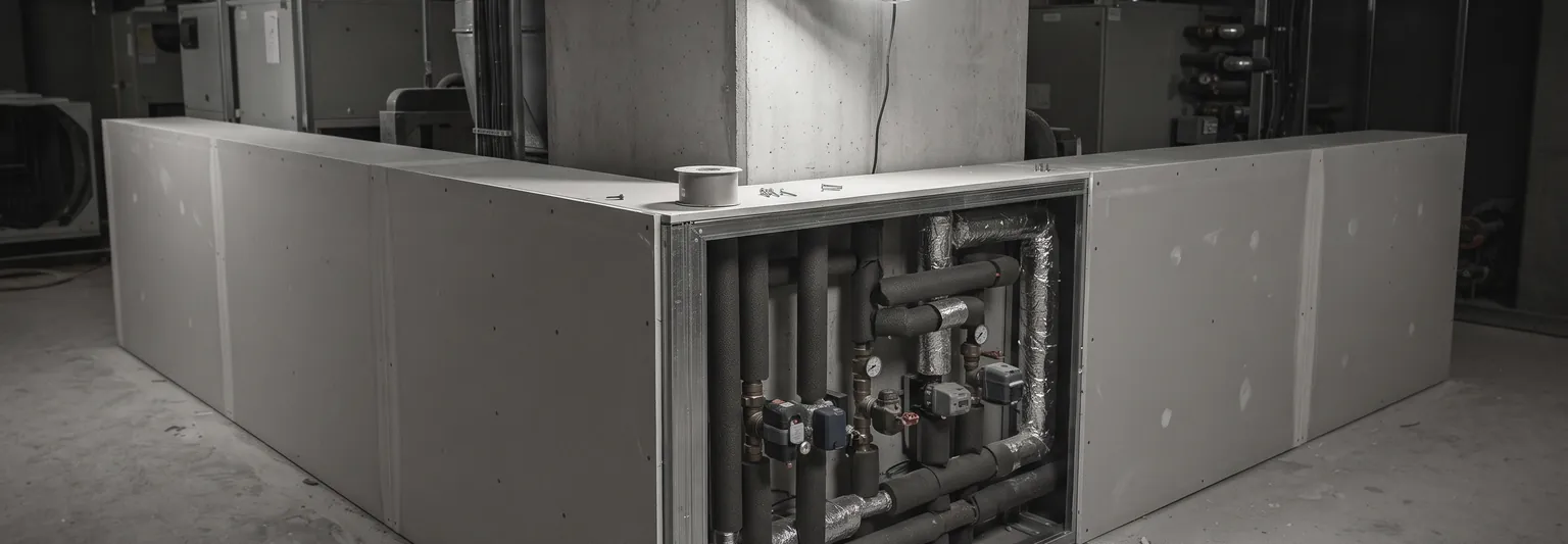 A plant room with pipework and valves being boxed in