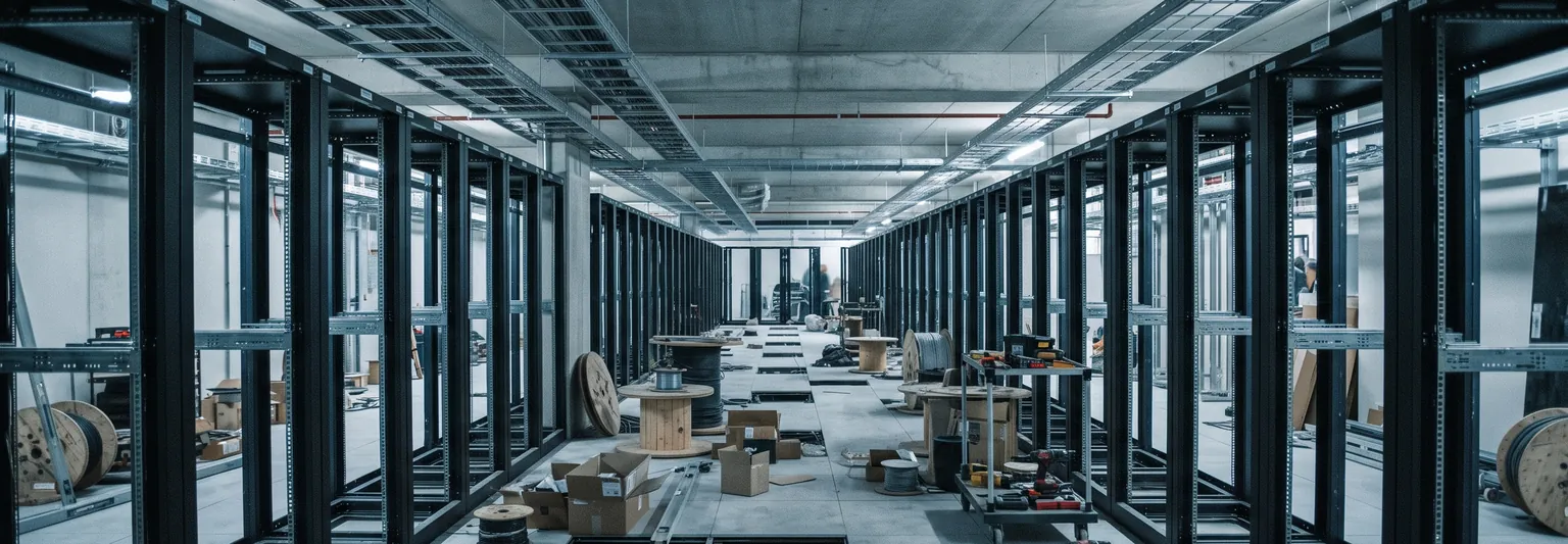 Data hall under fit-out with racks and cooling pipework being installed