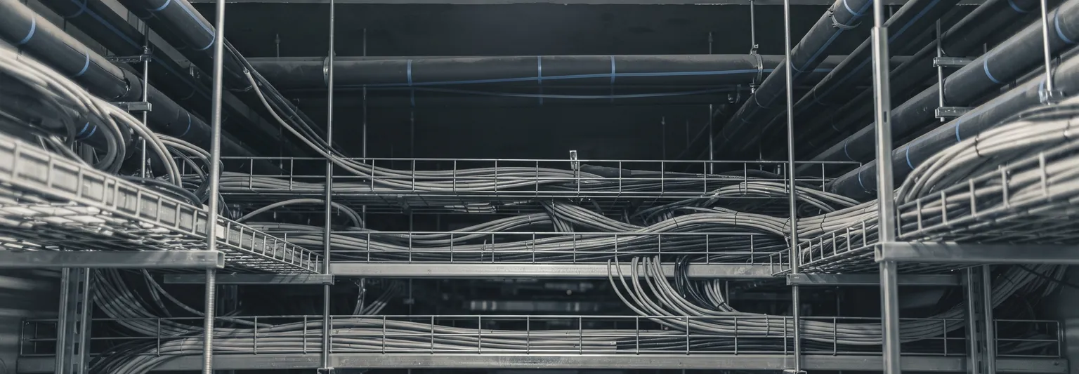 Dense containment and cable trays above a data hall aisle