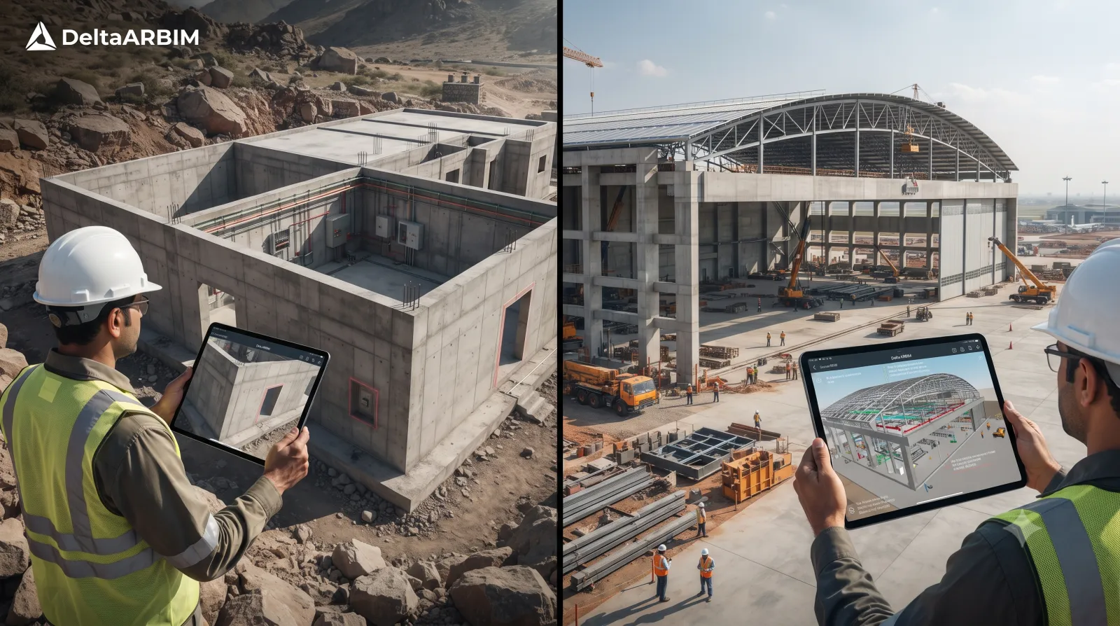 Two site scenes: an engineer checking a hardened concrete structure in remote terrain against a model on a tablet, and an engineer checking an aircraft hangar under construction the same way