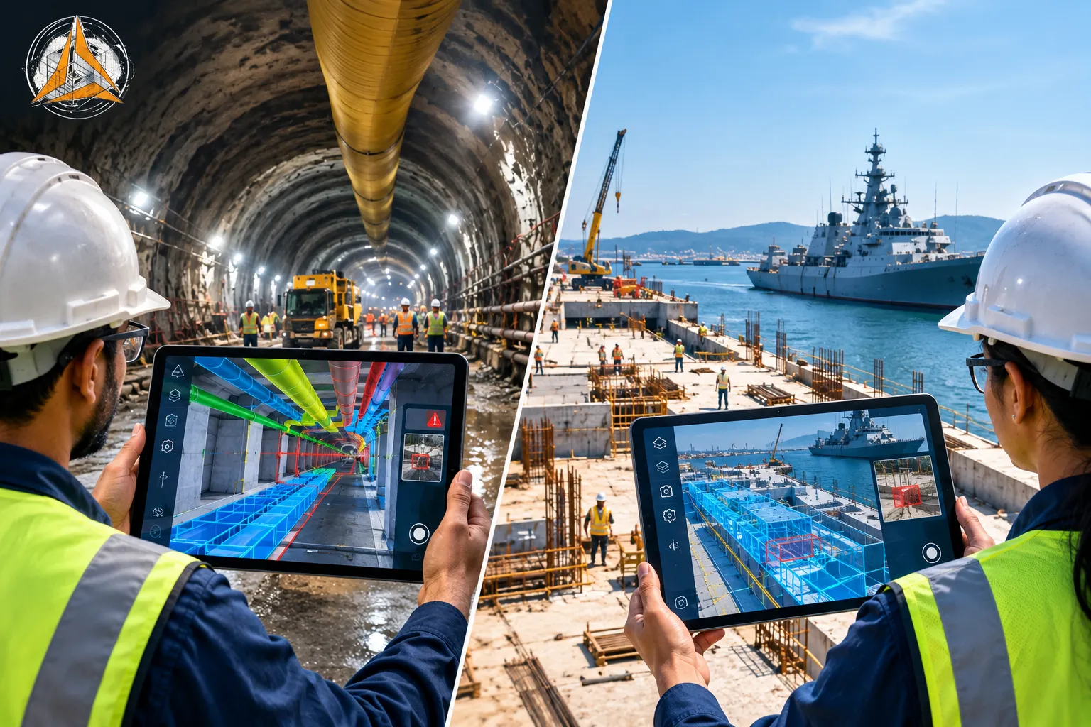 Two site scenes: an engineer checking tunnel services against a colour-coded model on a tablet, and an engineer checking a dockside structure against a model with a naval vessel behind