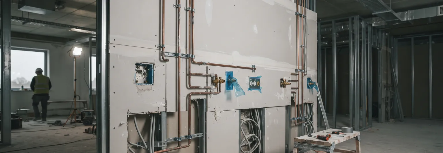 Medical gas outlets being installed on a headwall in a ward