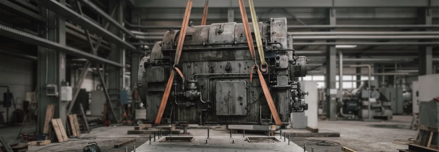 Heavy equipment being set onto a concrete foundation in a plant