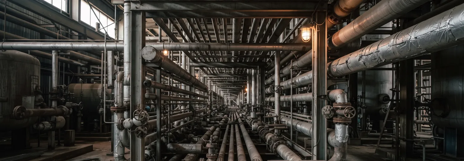 Dense process piping and pipe racks inside an industrial plant